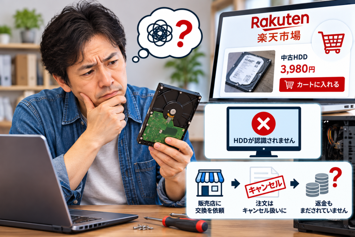 楽天市場で中古動作品のHDDを購入したが認識されず、交換を求めた後に注文がキャンセル扱いとなり、返金を確認できなかった購入トラブルのイメージ