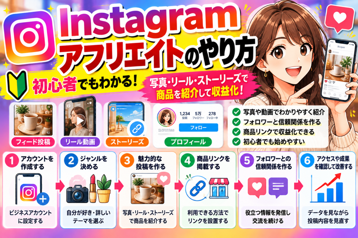 Instagramアフィリエイトのやり方を初心者向けに解説する図解。アカウント設定、ジャンル選び、写真やリールでの商品紹介、商品リンクの掲載、フォロワーとの信頼構築、成果の確認と改善