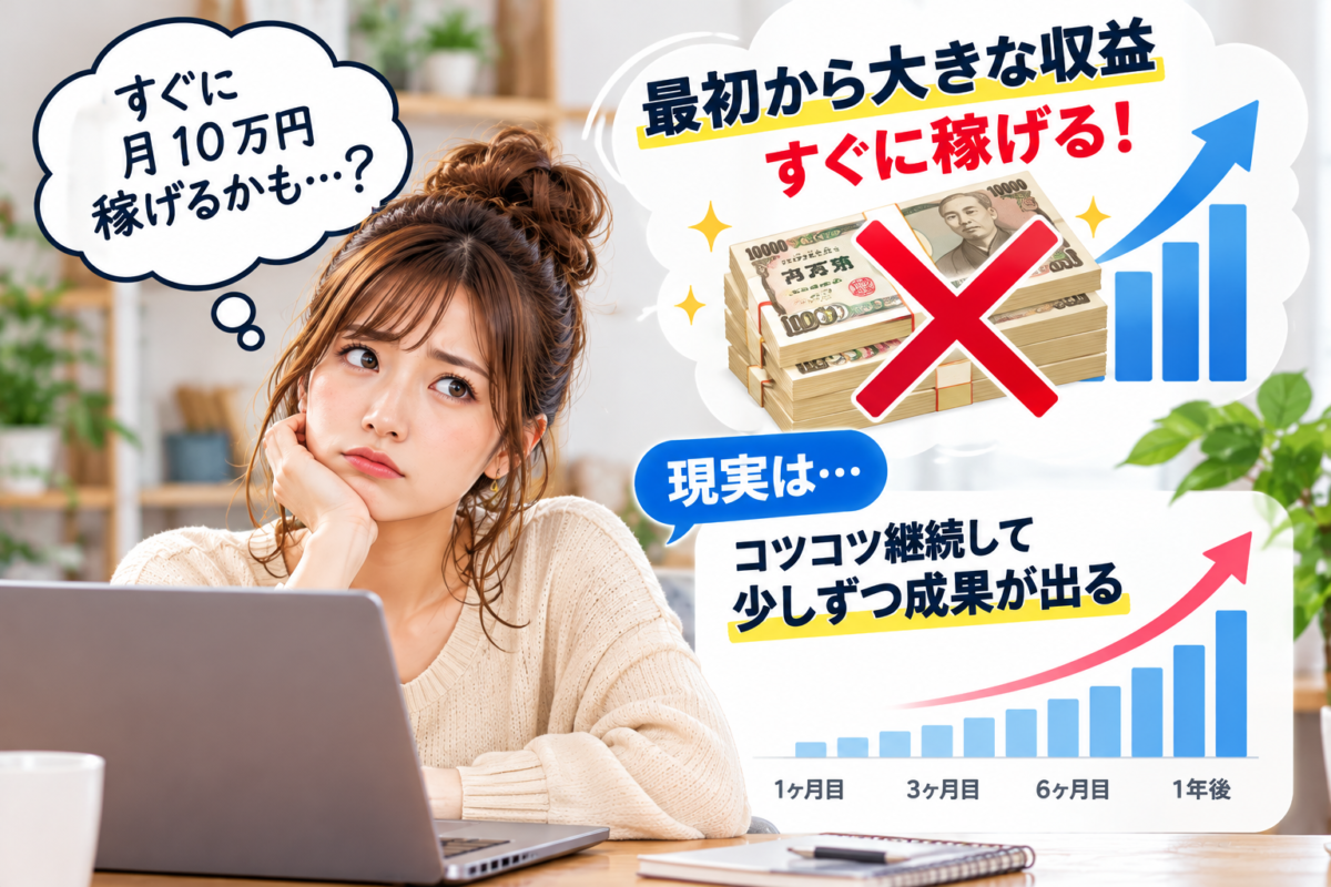 アフィリエイト初心者が最初から大きな収益を期待する失敗と、継続して少しずつ成果を伸ばす考え方を比較した図解