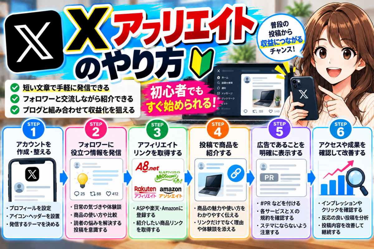 Xアフィリエイトのやり方を初心者向けに解説する図解。アカウント設定、役立つ情報の発信、広告リンクの取得、商品紹介、PR表示、アクセスや成果の確認と改善