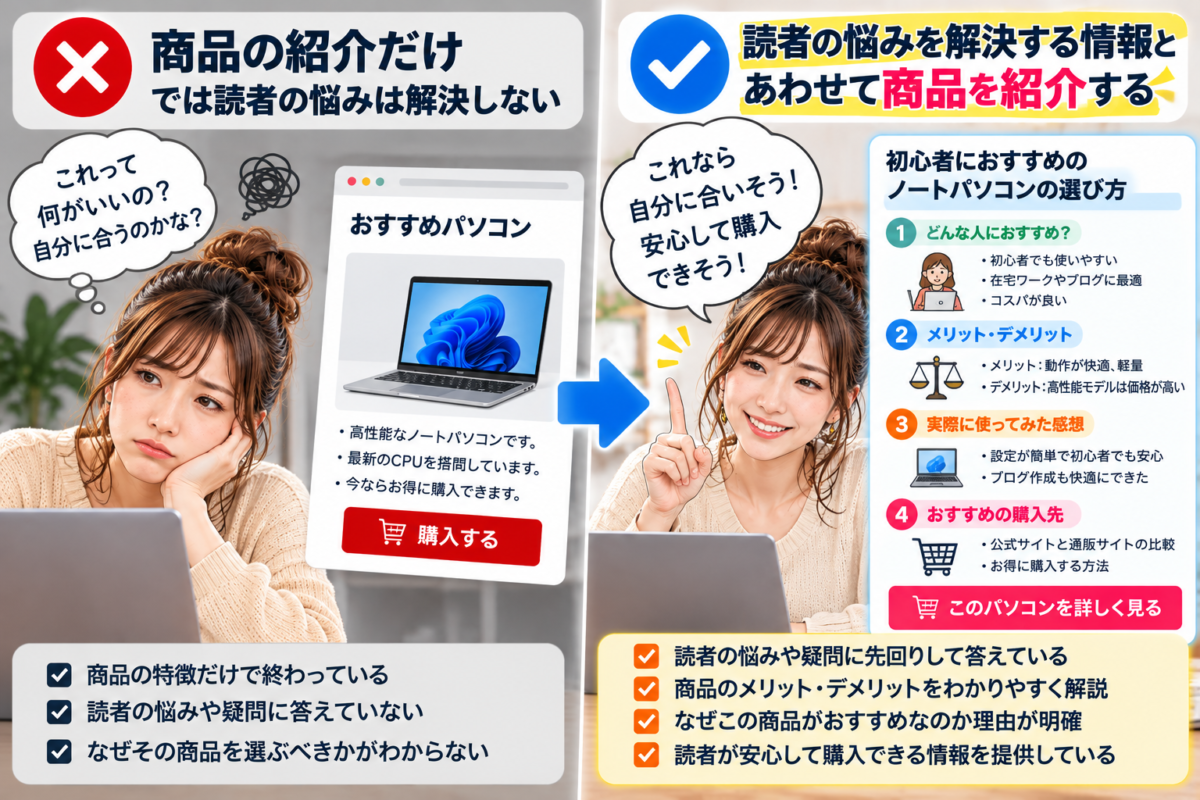 アフィリエイト初心者が商品を紹介するだけの失敗例と、読者の悩みを解決する情報を提供してから商品を紹介する正しい方法を比較した図解