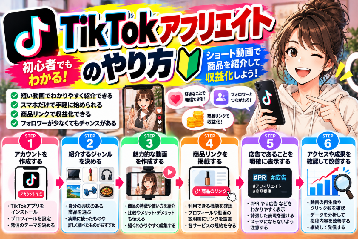 TikTokアフィリエイトのやり方を初心者向けに解説する図解。アカウント設定、ジャンル選び、商品紹介動画の作成、商品リンクの掲載、広告表示、アクセスや成果の確認と改善