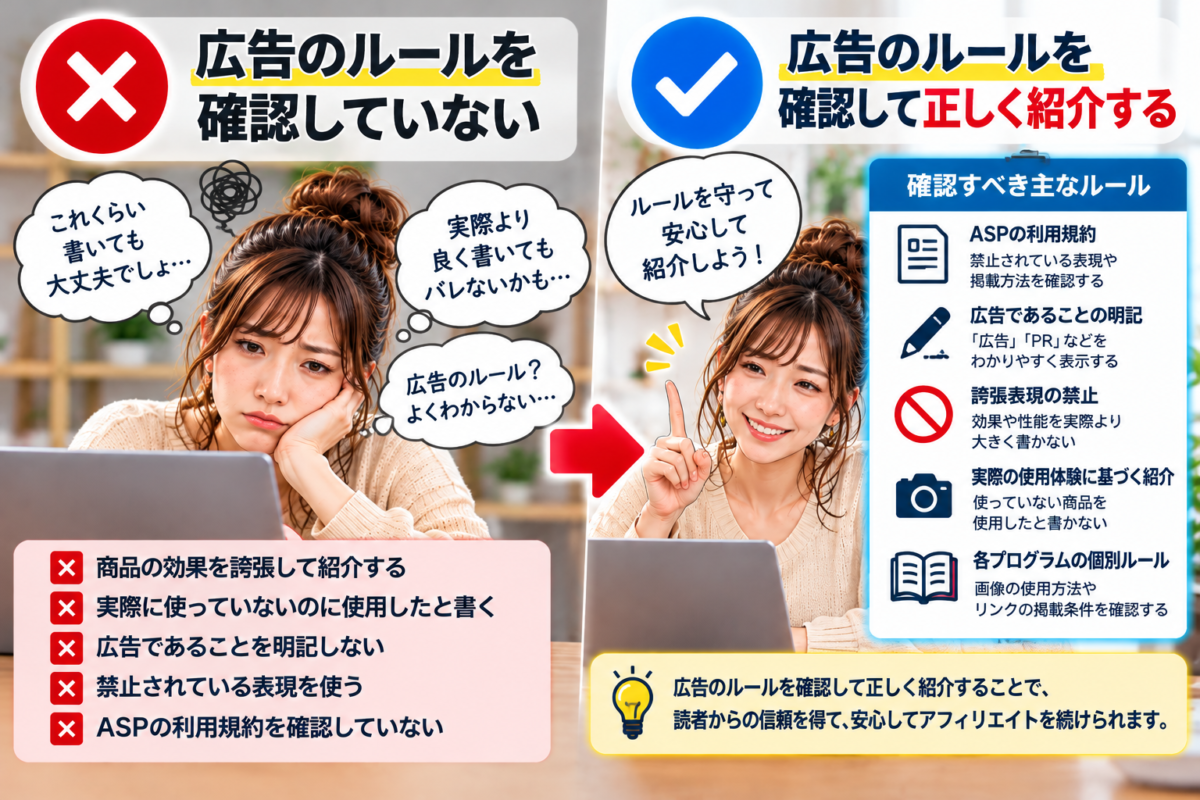 広告のルールを確認せずにアフィリエイトを続けると、知らないうちに規約違反をしてしまう可能性があります。 たとえば、商品の効果を実際以上に強調したり、広告であることを明示しなかったり、ASPやSNSで禁止されている方法で広告を掲載したりすることは避けなければなりません。 アフィリエイトを始めるときは、ASPの利用規約や広告ごとの掲載条件、利用するSNSのルールを事前に確認しましょう。広告であることを読者にわかりやすく伝え、実際に確認できた情報をもとに商品を紹介することが大切です。 ルールを守ることは、アカウントや広告提携を守るだけでなく、読者からの信頼を積み重ねることにもつながります。