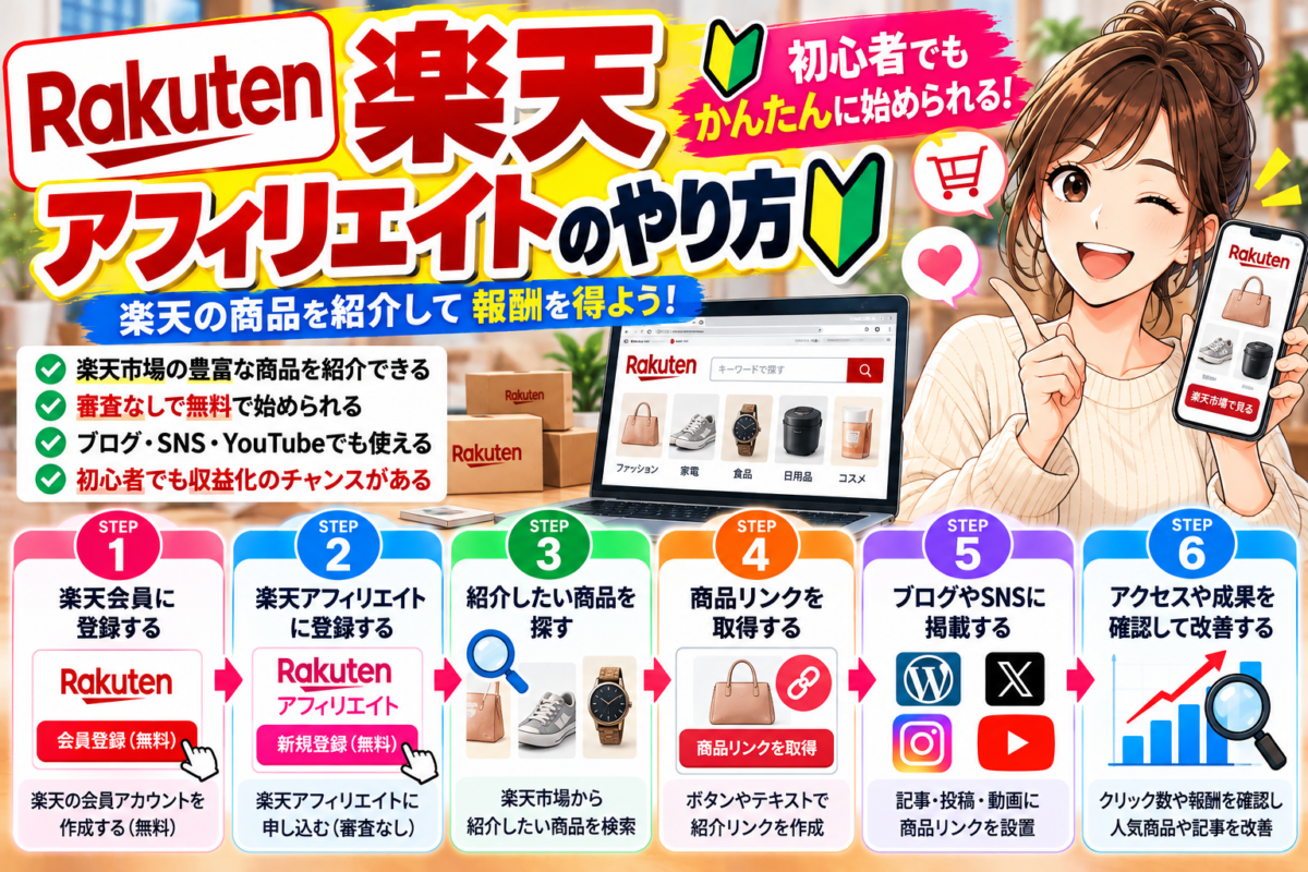 TikTokアフィリエイトのやり方を初心者向けに解説する図解。アカウント設定、ジャンル選び、商品紹介動画の作成、商品リンクの掲載、広告表示、アクセスや成果の確認と改善