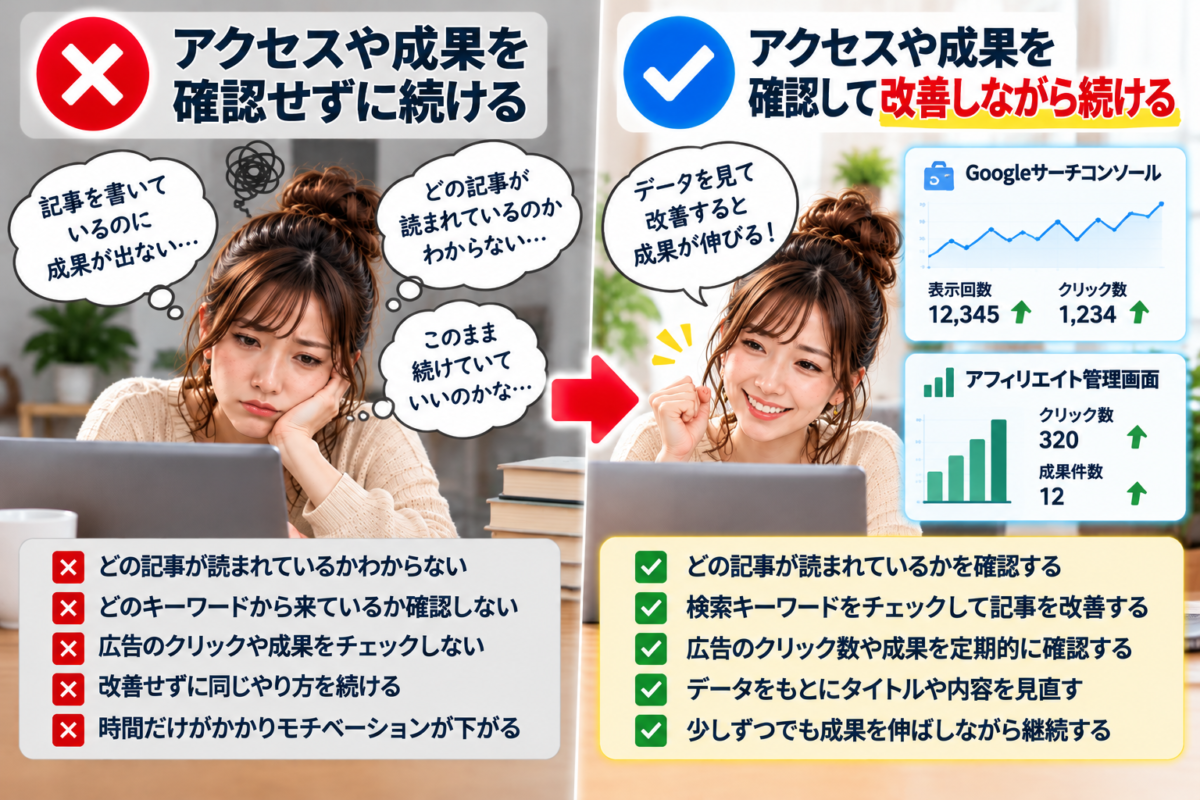 アフィリエイト初心者がアクセスや成果を確認せずに続ける失敗例と、Googleサーチコンソールや成果データを分析して記事を改善する方法を比較した図解