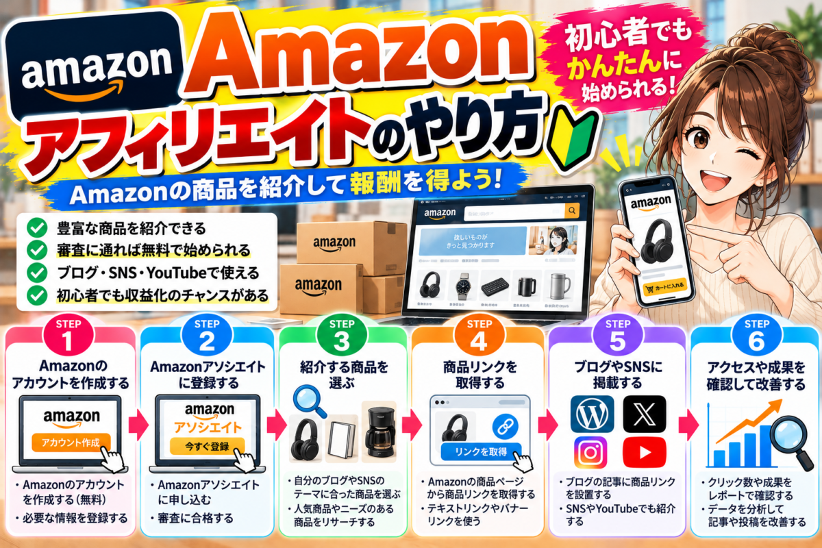 Amazonアフィリエイトのやり方を初心者向けに解説する図解。Amazonアカウント作成、Amazonアソシエイトへの登録、商品選び、広告リンクの取得、ブログやSNSへの掲載、成果確認と改善の6ステップ