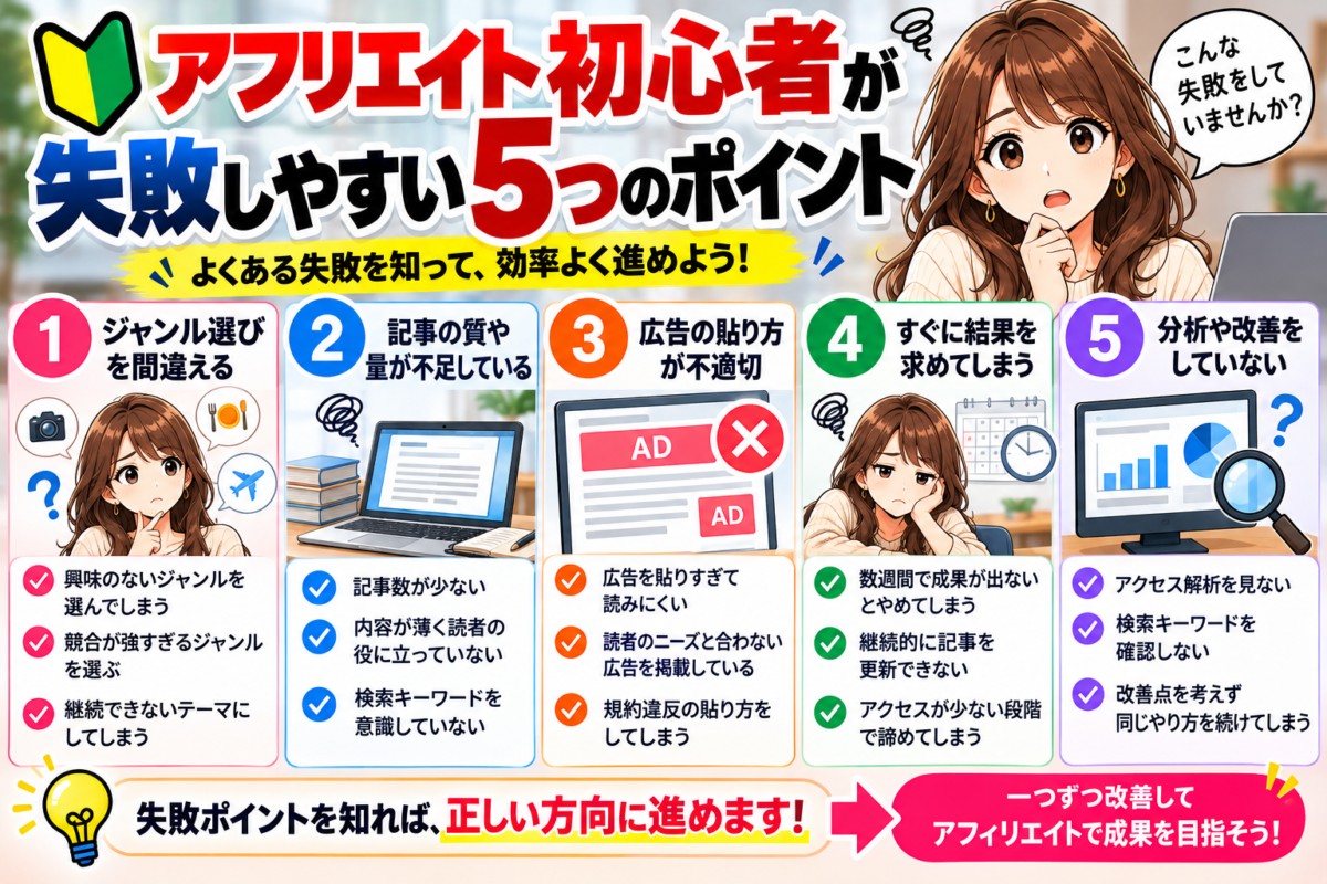 アフリエイト初心者が失敗しやすい5つのポイントを解説する図解。ジャンル選びの失敗、記事の質や量の不足、不適切な広告掲載、成果を急ぎすぎること、分析と改善の不足を紹介。