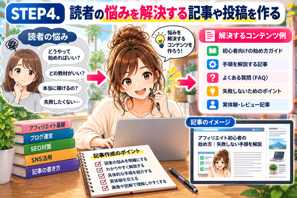 読者の悩みを解決するアフィリエイト記事やSNS投稿の作り方を解説する図解。初心者向けガイド、手順解説、よくある質問、失敗を防ぐポイント、実体験レビューなどのコンテンツ例を紹介。