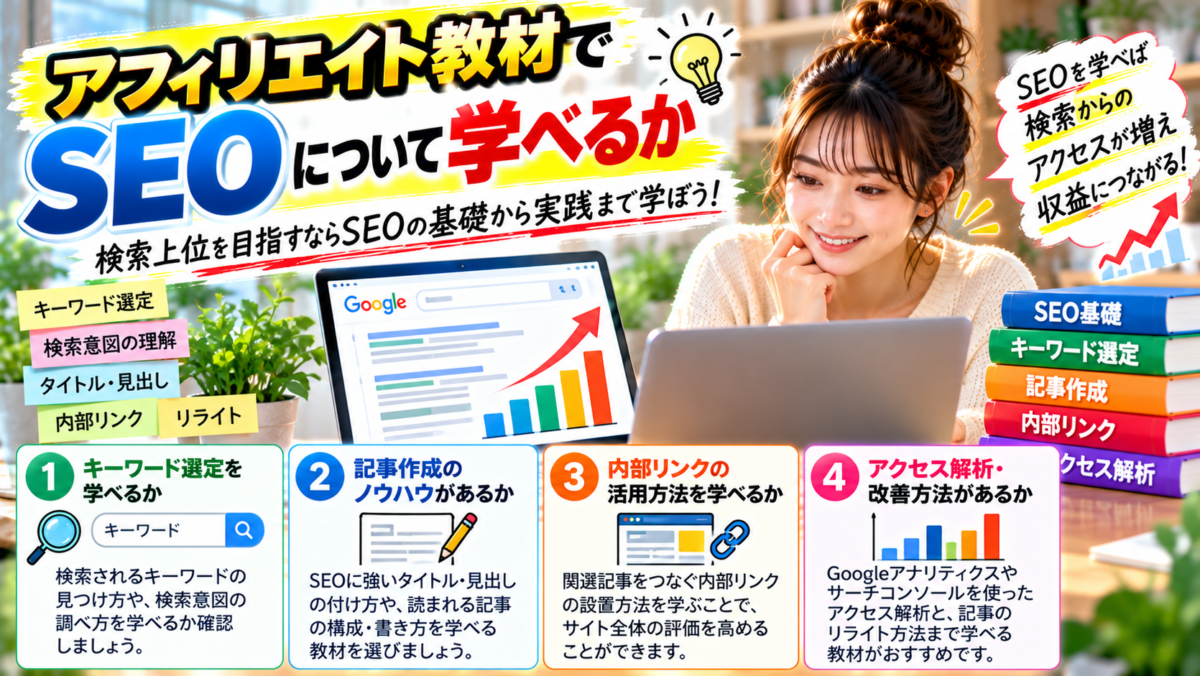 アフィリエイト教材でSEOについて学べるかを解説するイメージ