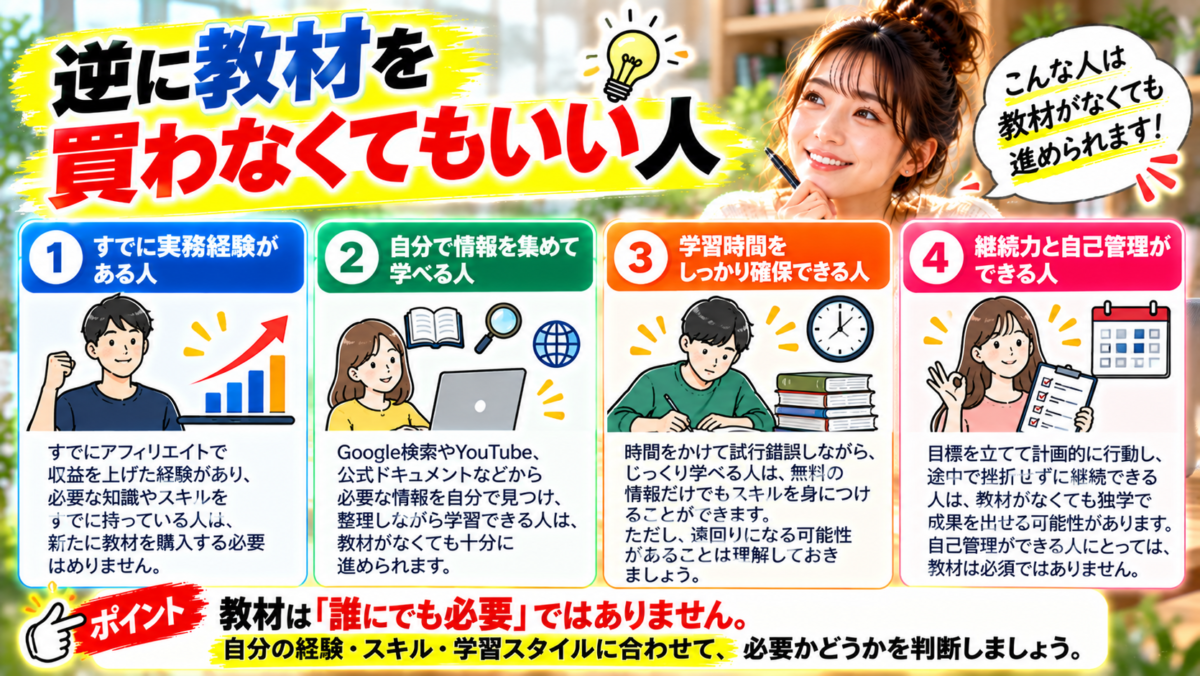アフィリエイト教材を買わなくてもいい人を紹介するイメージ