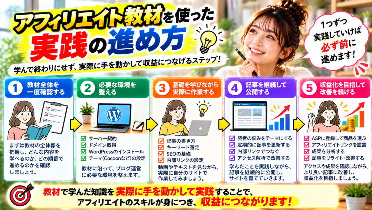 アフィリエイト教材を使った実践の進め方を5つのステップで紹介するイメージ