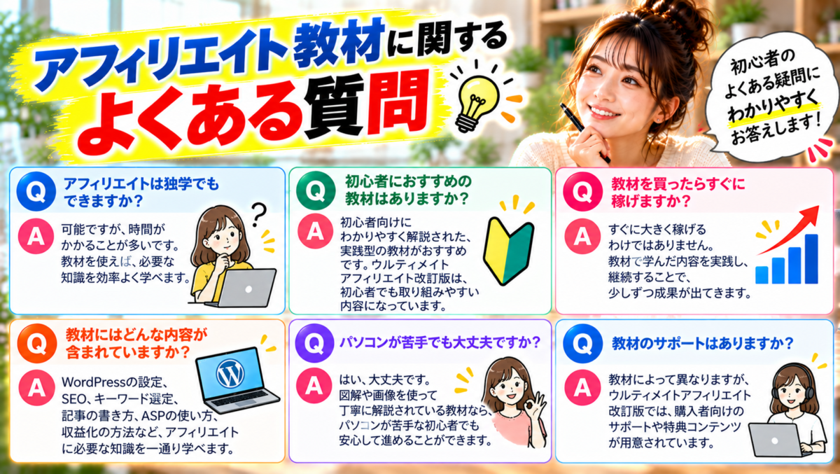 アフィリエイト教材に関するよくある質問を紹介するイメージ