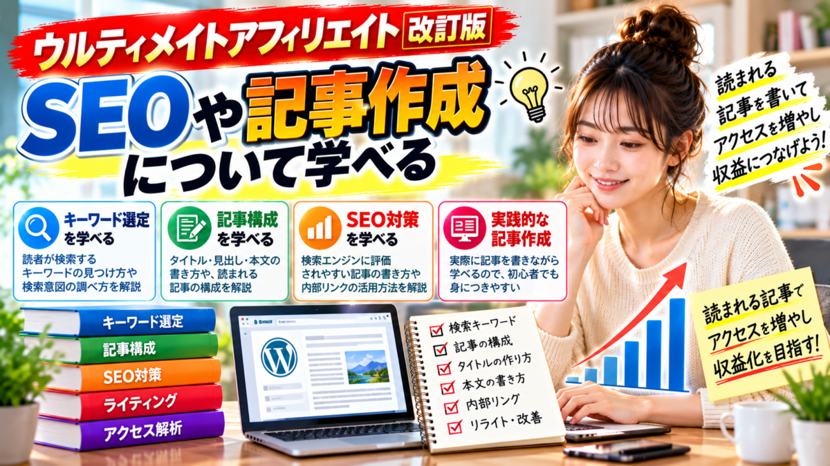 ウルティメイトアフィリエイト改訂版でSEOや記事作成について学べることを紹介するイメージ