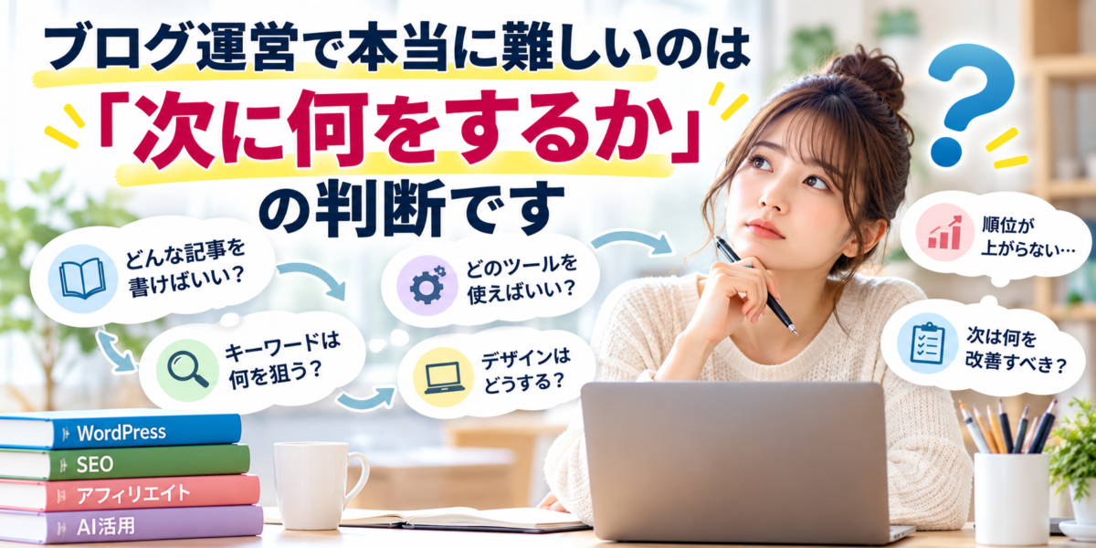 ブログ運営で本当に難しいのは次に何をするかの判断。記事作成・キーワード選定・SEO順位改善に悩む初心者のイメージ