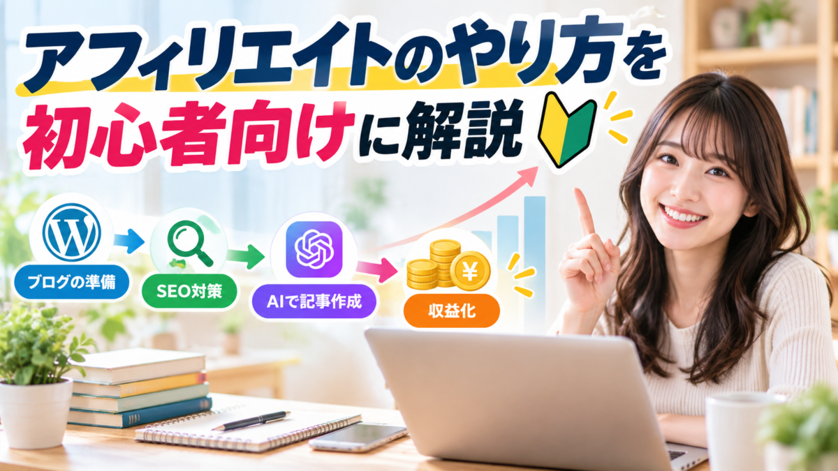 アフィリエイトのやり方を初心者向けに解説するブログ準備・SEO対策・AI記事作成・収益化の案内画像