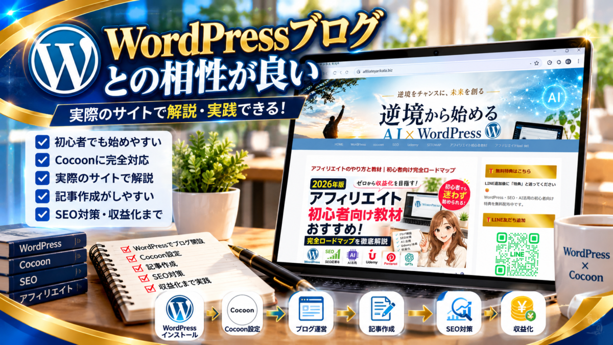 WordPressブログとCocoonの相性が良く記事作成・SEO対策・収益化まで実践しやすいことを示す画像