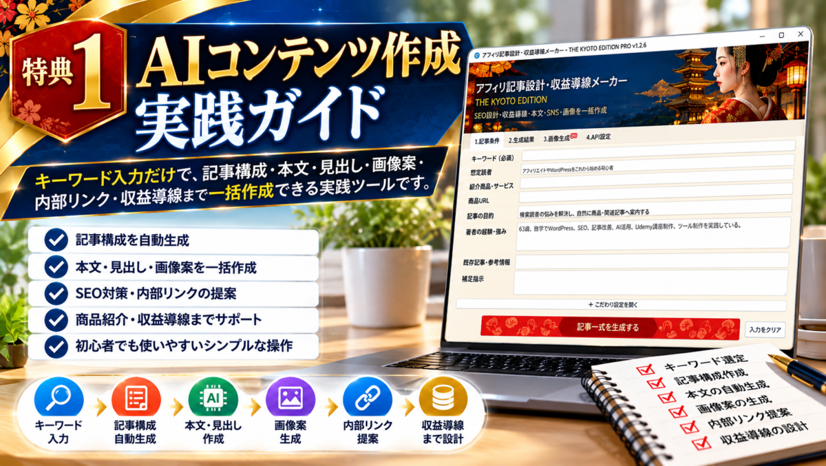 特典1｜AIコンテンツ作成実践ガイドとアフィリ記事作成・収益導線メーカー THE KYOTO EDITION PROを活用した記事構成・本文・見出し・画像案・内部リンク・収益導線の作成方法