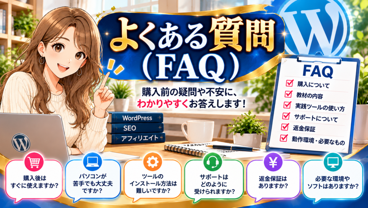 ウルティメイトアフィリエイト改訂版のよくある質問（FAQ）｜購入前の疑問・教材内容・実践ツール・サポート・返金保証について